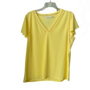 *READ Calvin Klein Stitch V-Neck Yellow Polyester Spandex Short Sleeve Blouse
